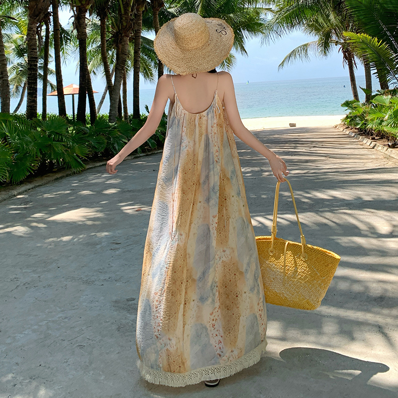 Crimp Bohemian style dress tassels strap dress for women