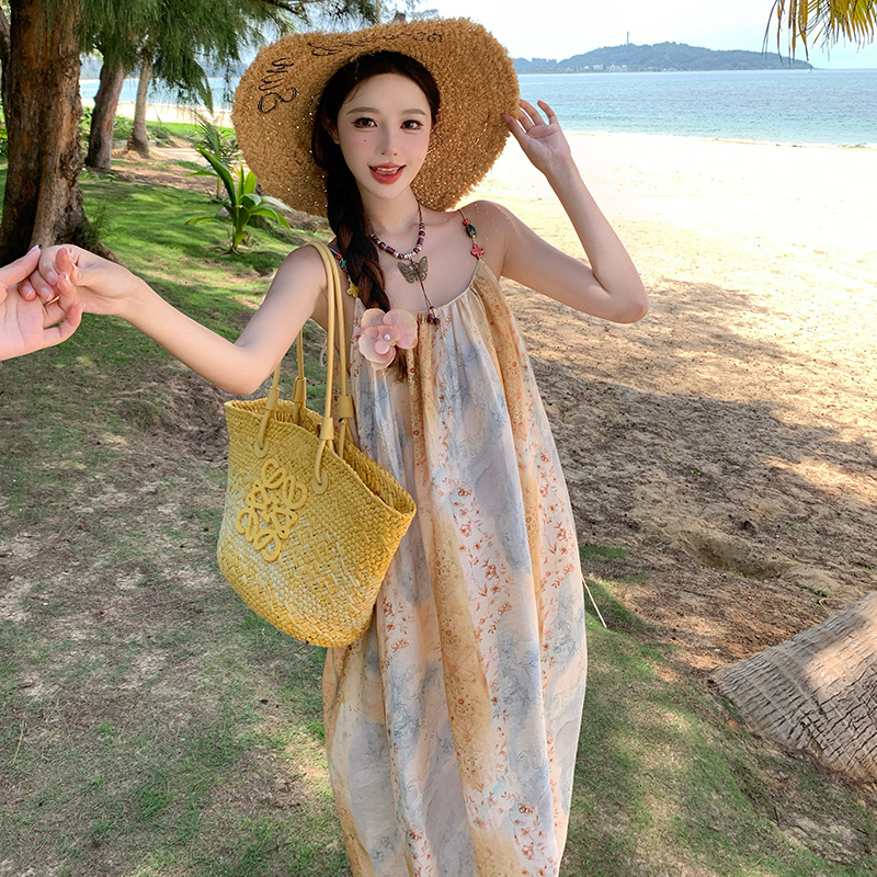Crimp Bohemian style dress tassels strap dress for women