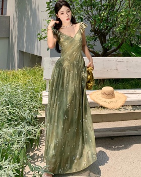 Boats sleeve chiffon dress France style long dress