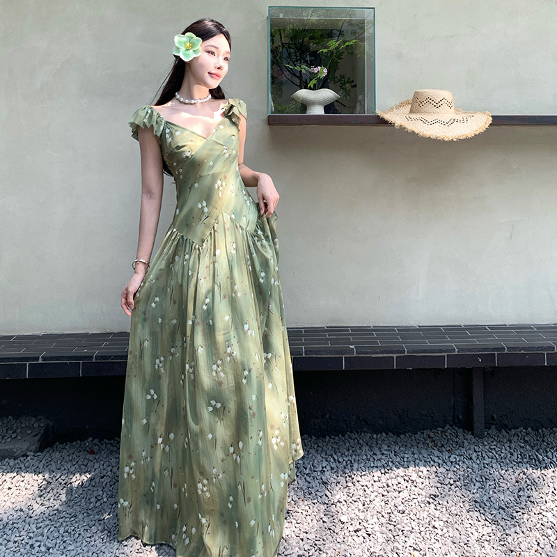Boats sleeve chiffon dress France style long dress