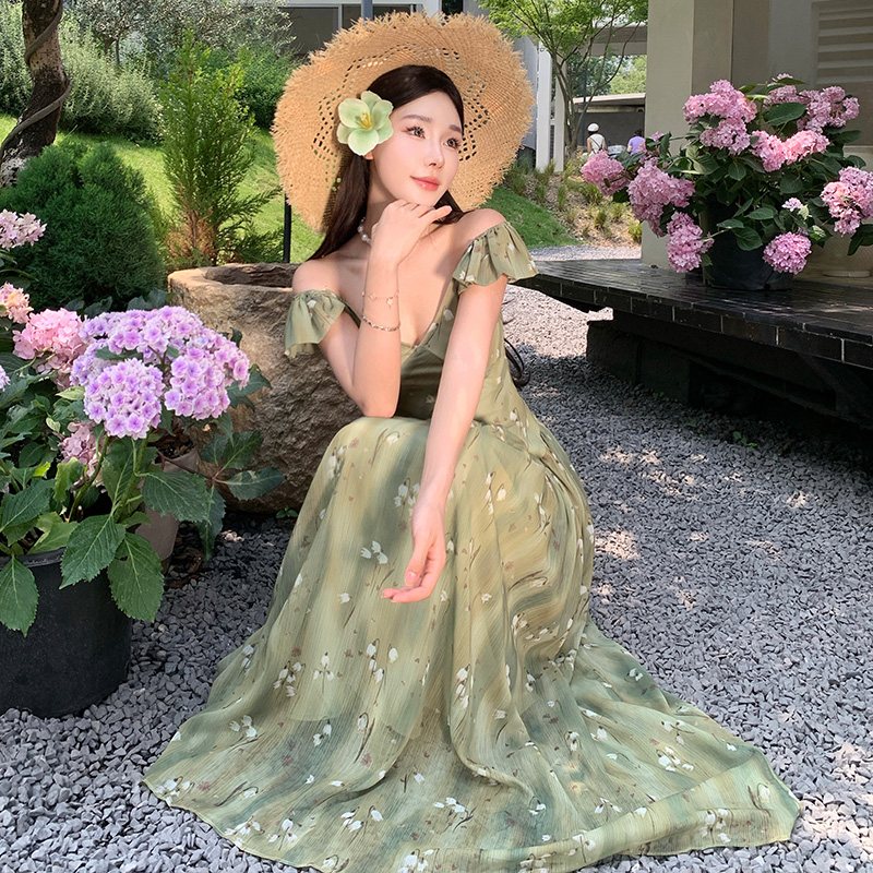 Boats sleeve chiffon dress France style long dress