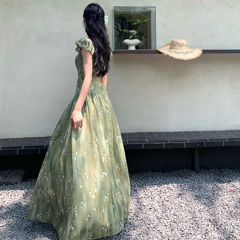 Boats sleeve chiffon dress France style long dress