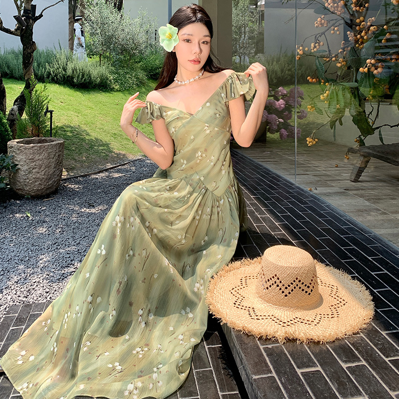 Boats sleeve chiffon dress France style long dress