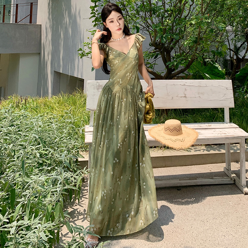 Boats sleeve chiffon dress France style long dress