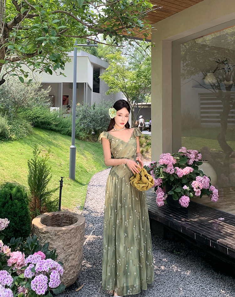 Boats sleeve chiffon dress France style long dress