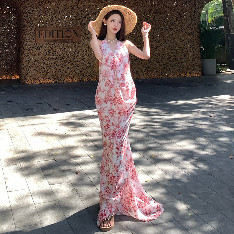 Vacation V-neck summer fashion niche France style dress