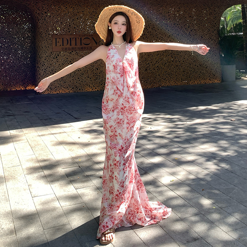 Vacation V-neck summer fashion niche France style dress
