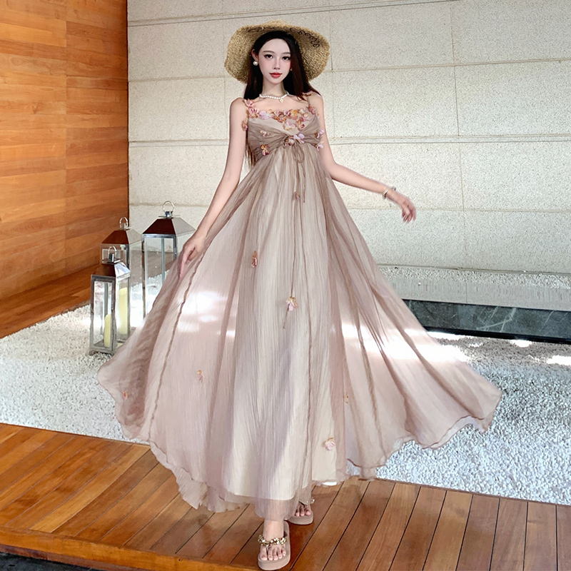 Colors sling long dress France style vacation dress