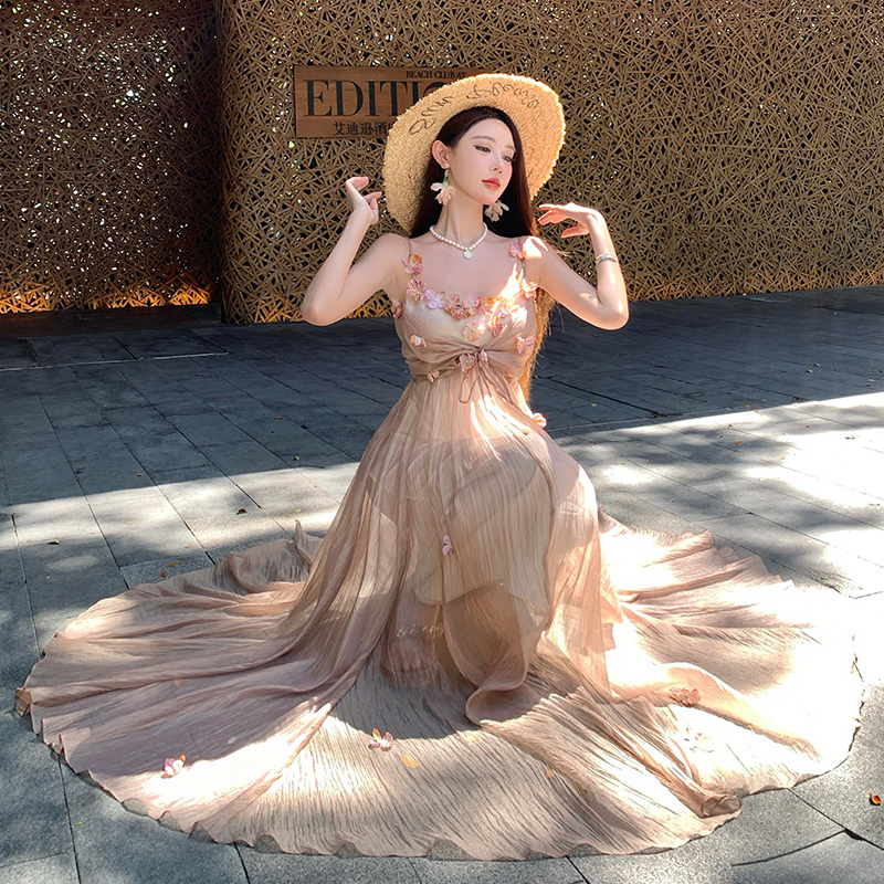 Colors sling long dress France style vacation dress
