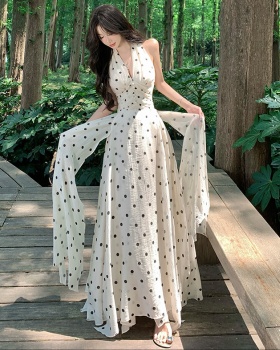 Vacation printing temperament long dress lace polka dot dress