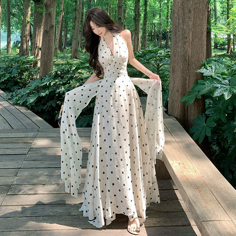 Vacation printing temperament long dress lace polka dot dress