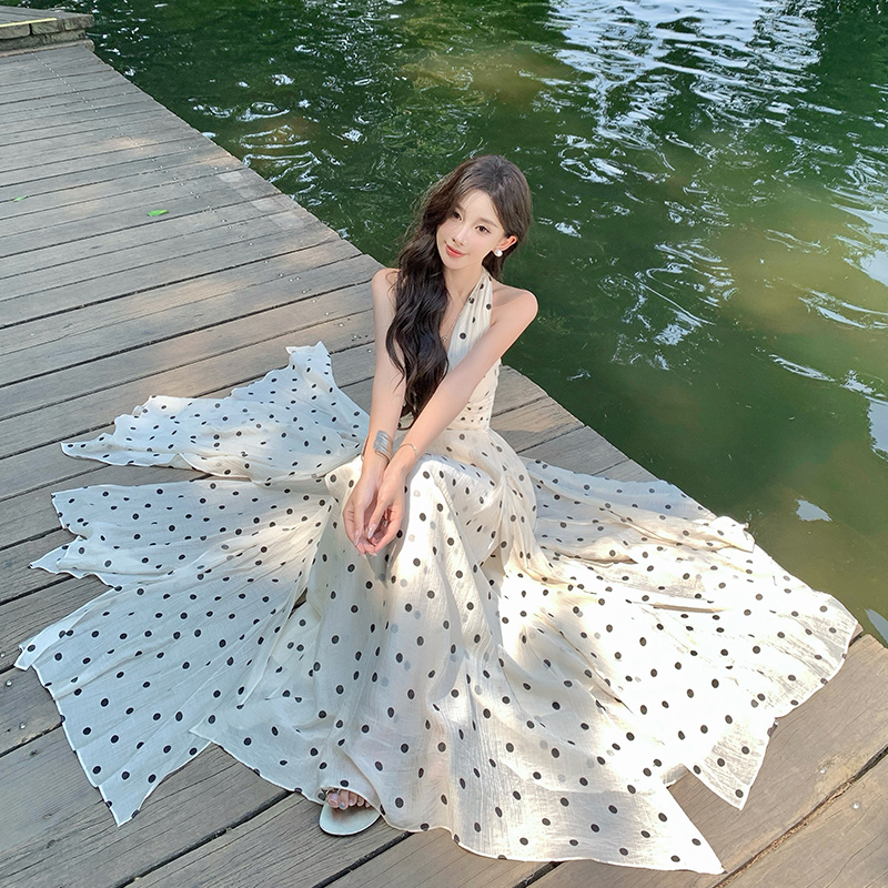 Vacation printing temperament long dress lace polka dot dress