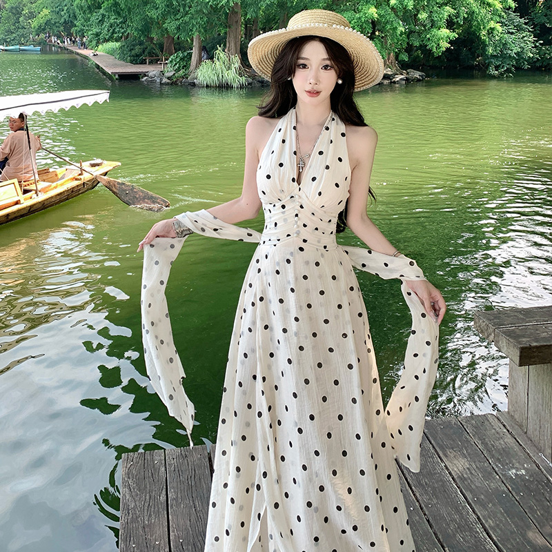 Vacation printing temperament long dress lace polka dot dress