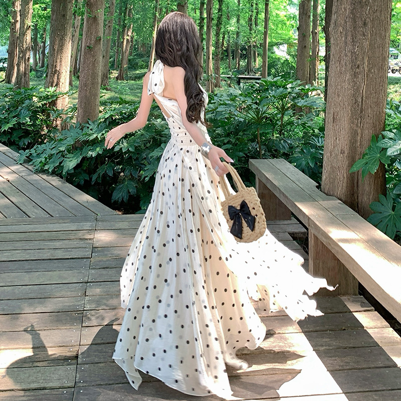 Vacation printing temperament long dress lace polka dot dress