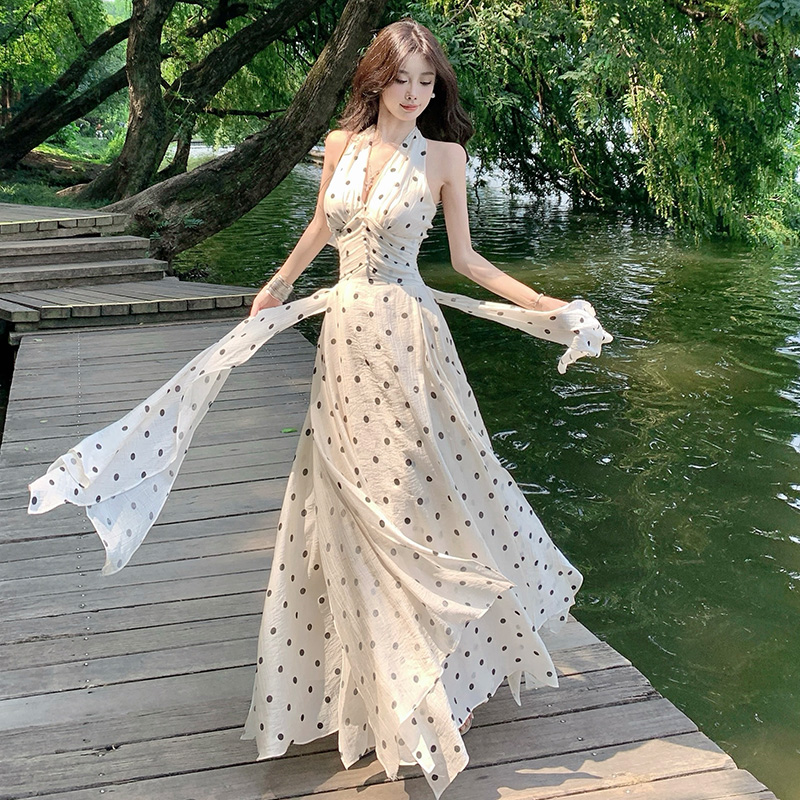 Vacation printing temperament long dress lace polka dot dress