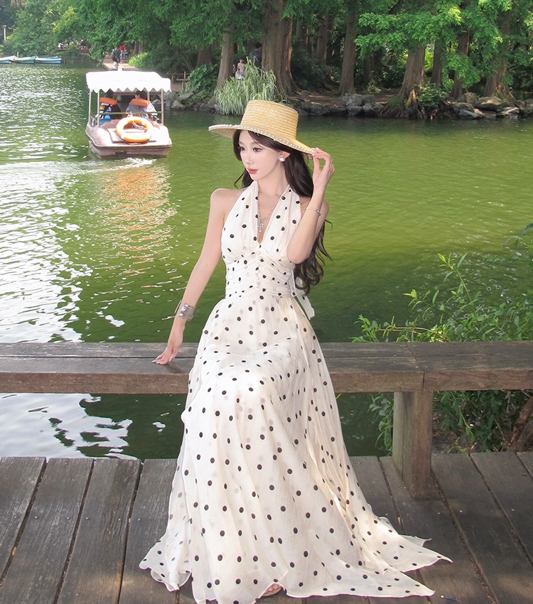 Vacation printing temperament long dress lace polka dot dress