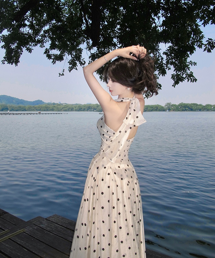 Vacation printing temperament long dress lace polka dot dress