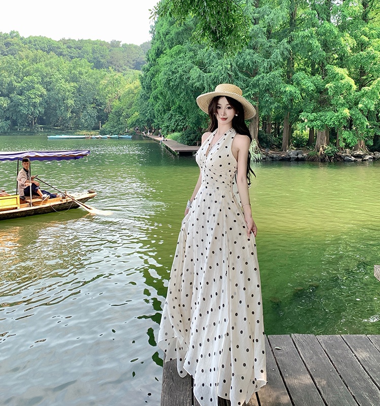 Vacation printing temperament long dress lace polka dot dress