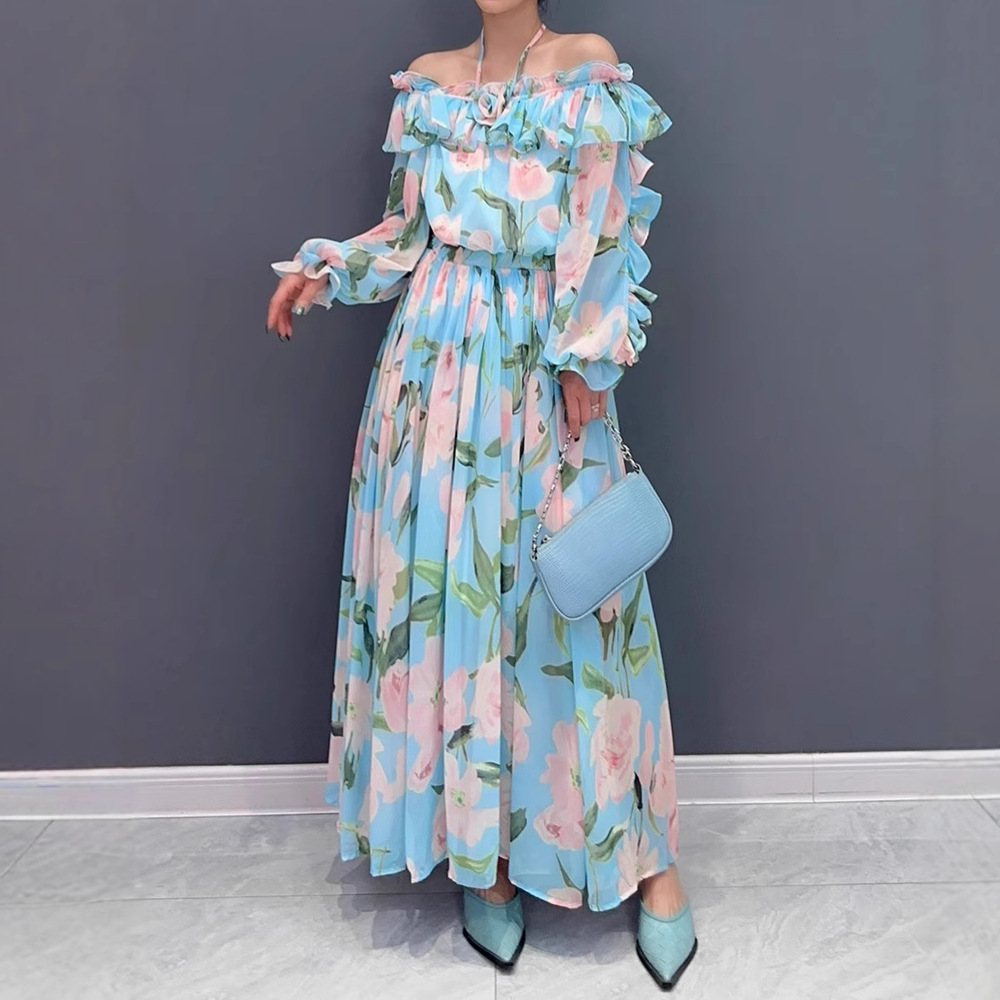 Flat shoulder elegant dress summer long dress