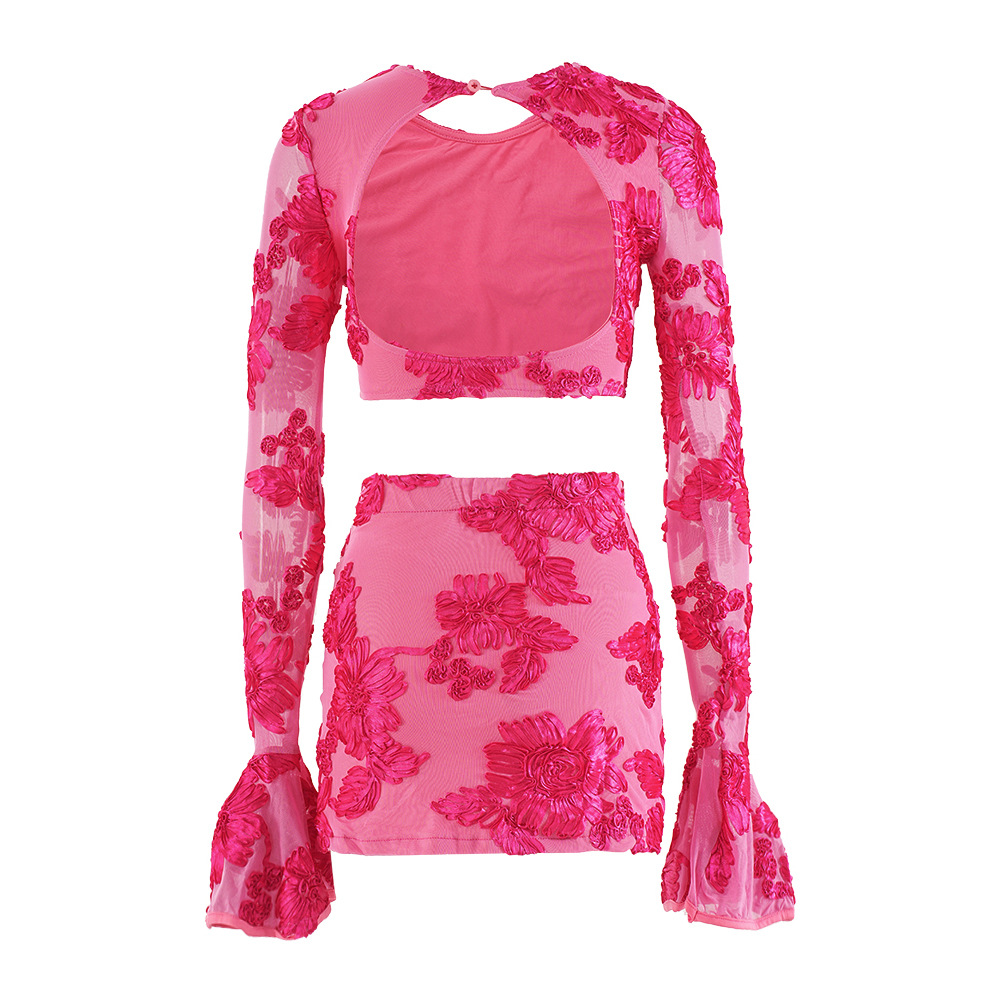 Long sleeve sexy tops short short skirt 2pcs set for women
