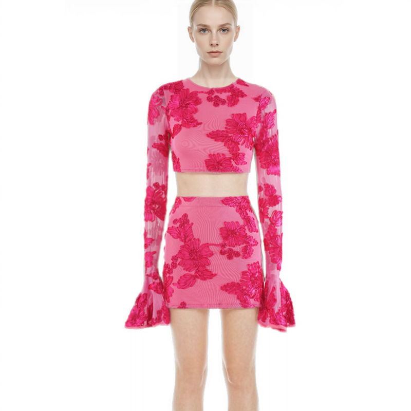 Long sleeve sexy tops short short skirt 2pcs set for women