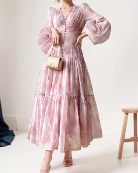 Lady Casual lantern pink printing slim dress