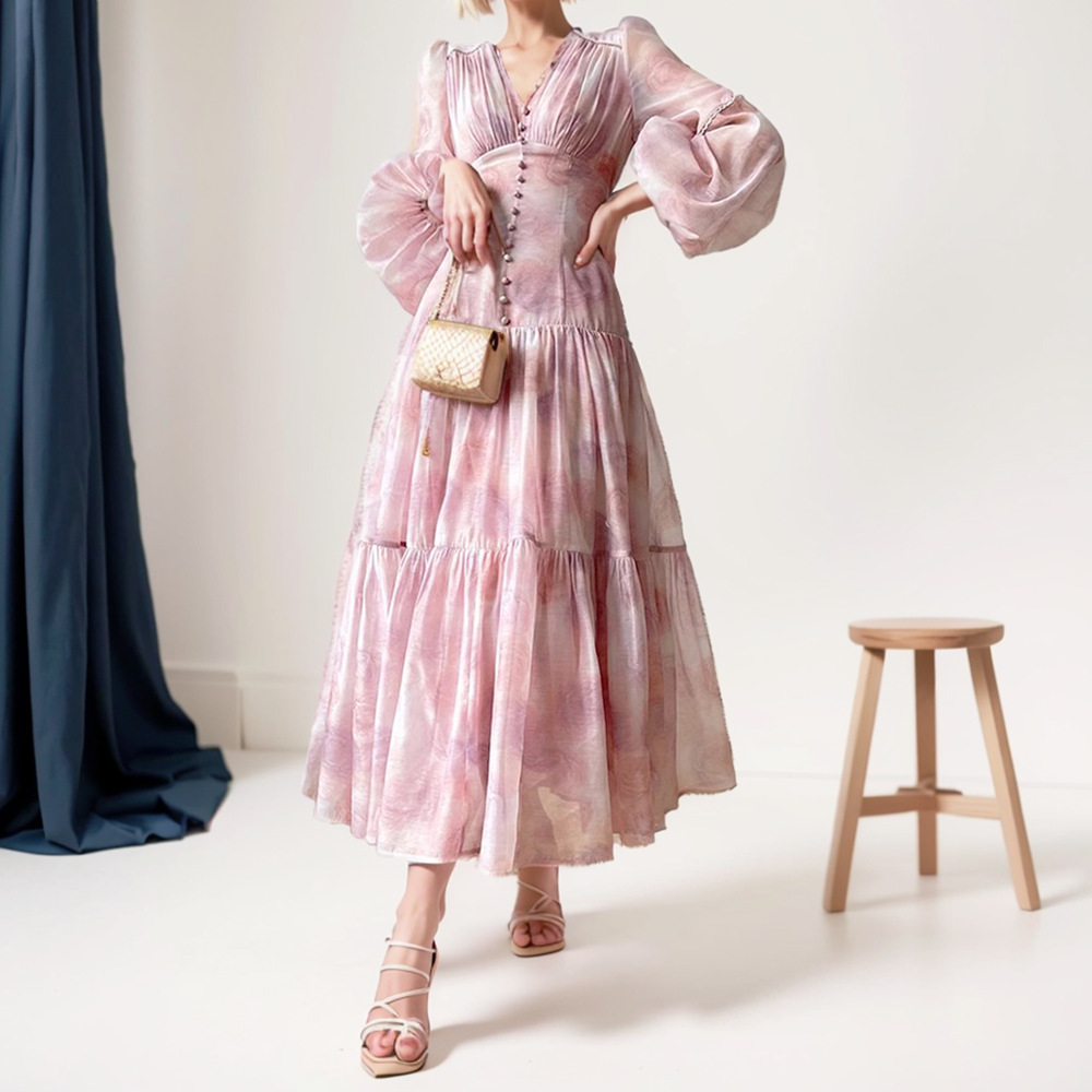 Lady Casual lantern pink printing slim dress