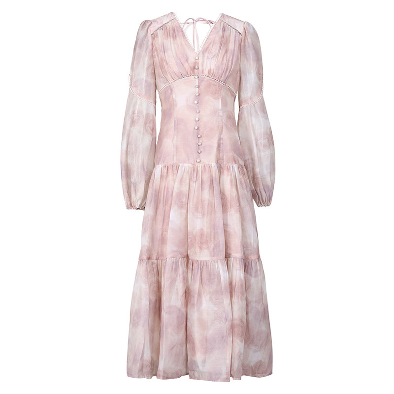 Lady Casual lantern pink printing slim dress