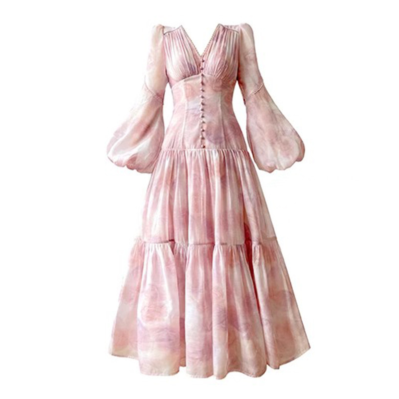 Lady Casual lantern pink printing slim dress