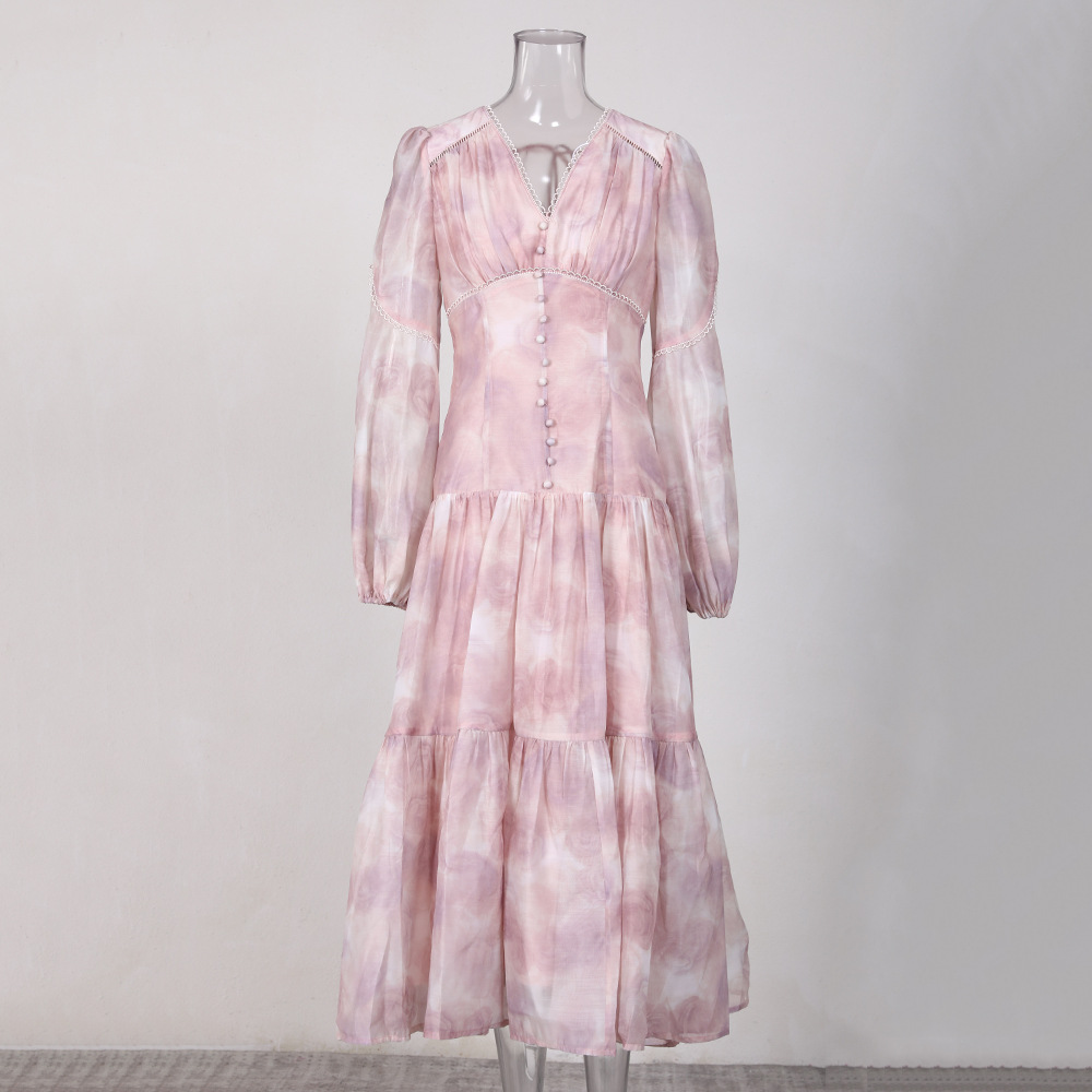 Lady Casual lantern pink printing slim dress