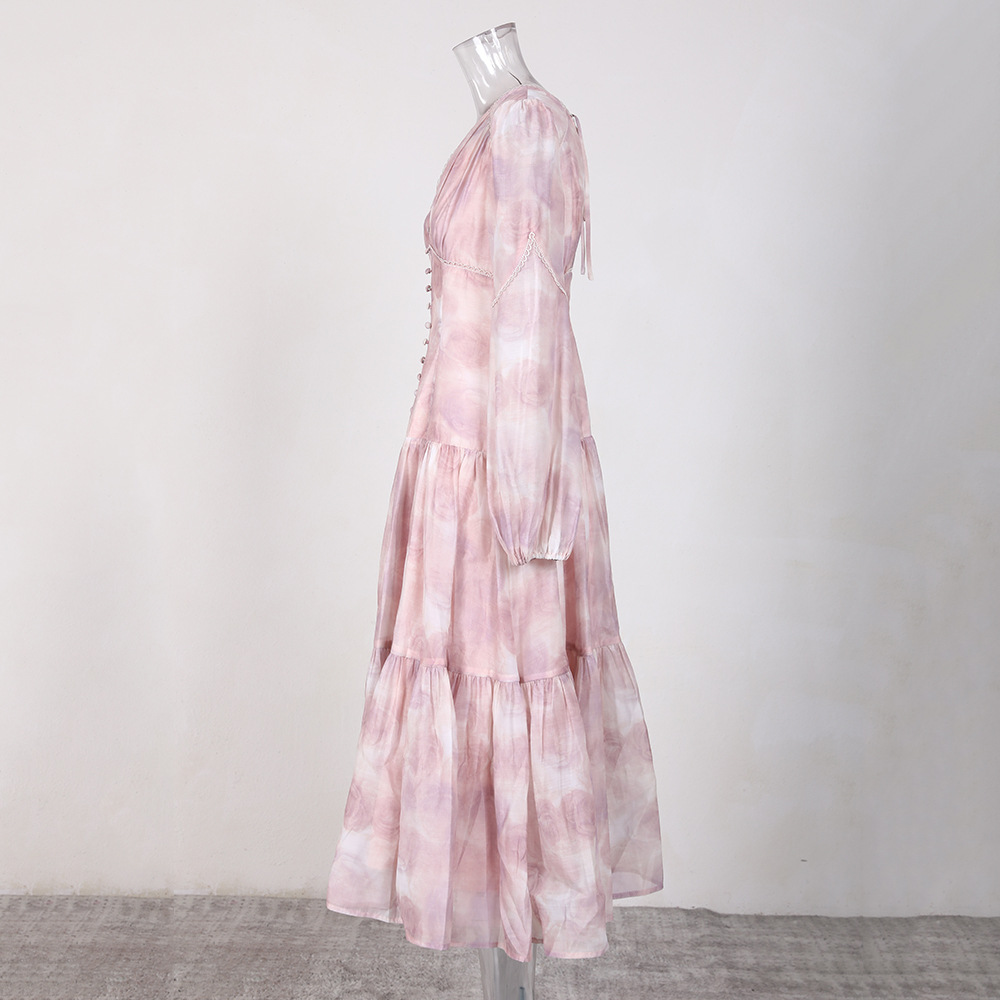Lady Casual lantern pink printing slim dress