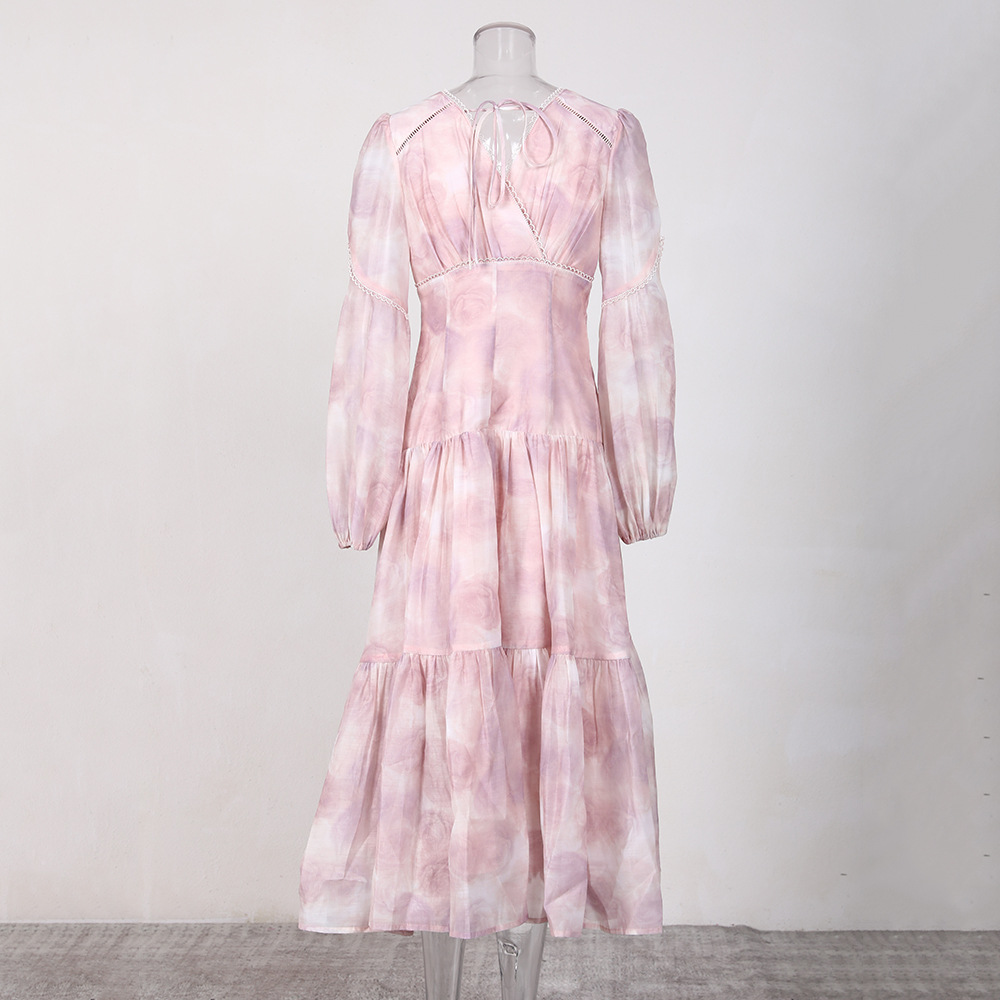 Lady Casual lantern pink printing slim dress