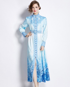Cstand collar printing court style dress