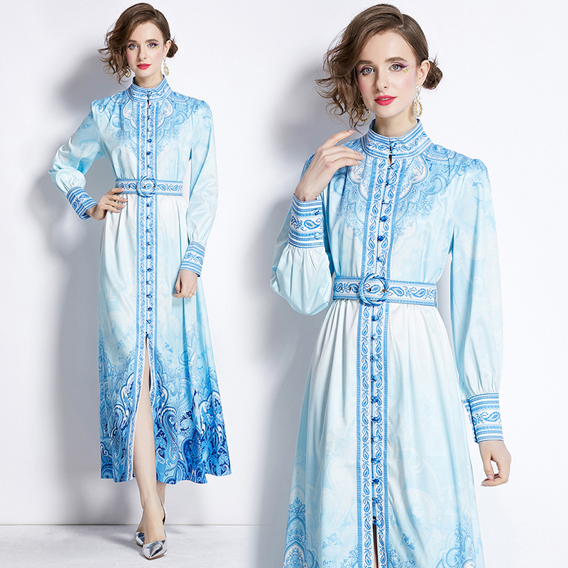 Cstand collar printing court style dress