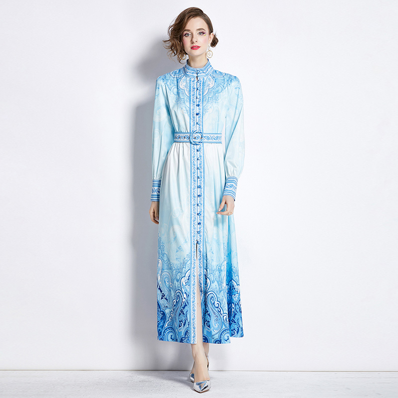 Cstand collar printing court style dress