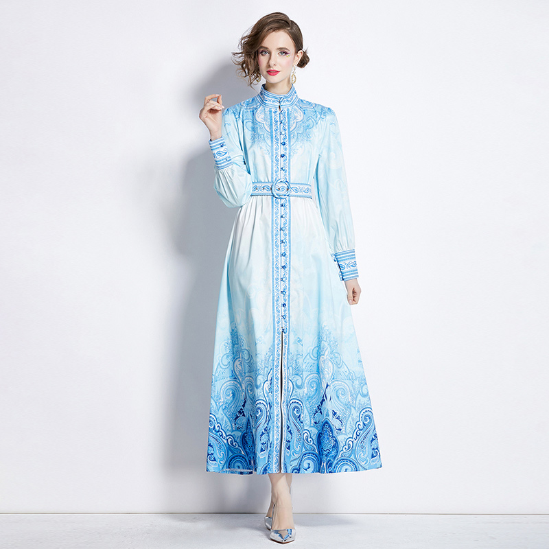 Cstand collar printing court style dress