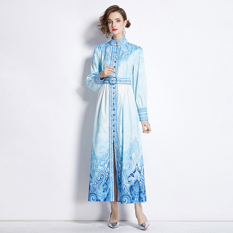 Cstand collar printing court style dress