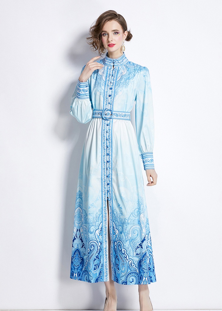 Cstand collar printing court style dress