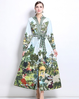 Fashion court style V-neck printing dress