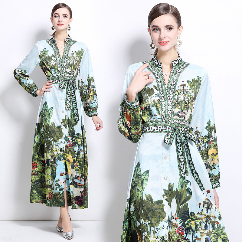 Fashion court style V-neck printing dress