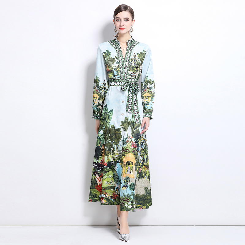 Fashion court style V-neck printing dress