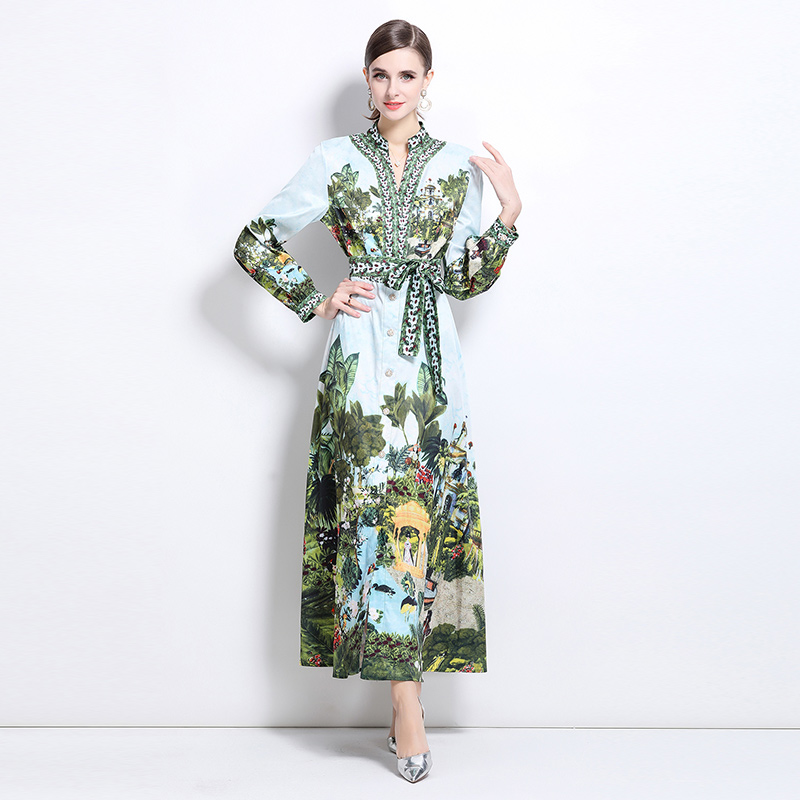 Fashion court style V-neck printing dress