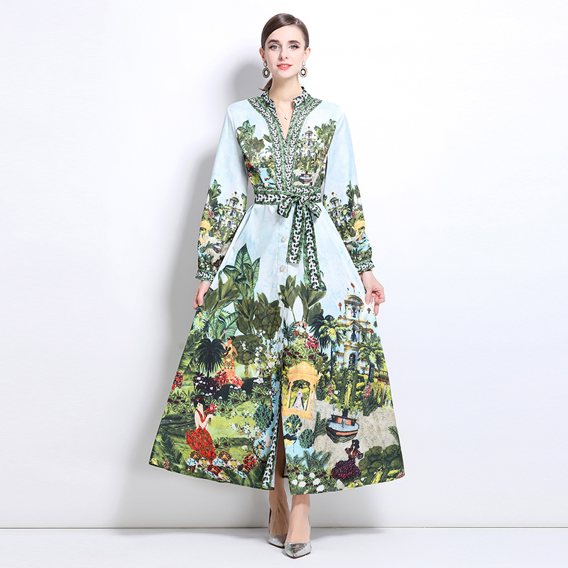 Fashion court style V-neck printing dress