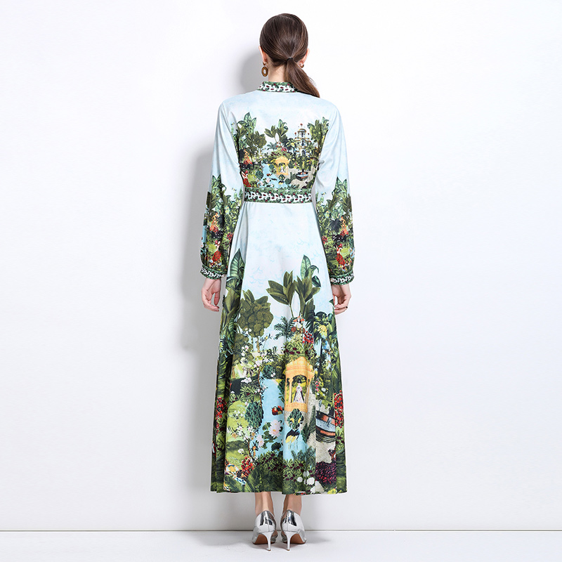 Fashion court style V-neck printing dress