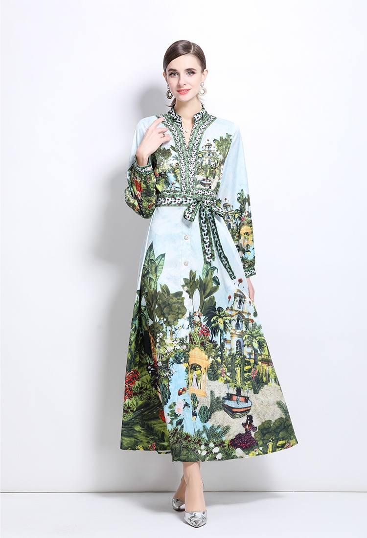 Fashion court style V-neck printing dress