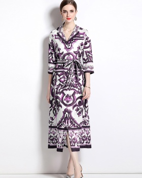 Loose short sleeve long dress pocket printing business suit