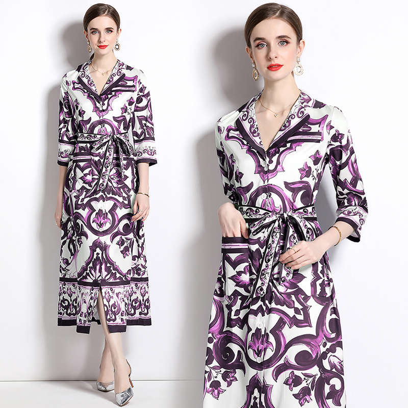 Loose short sleeve long dress pocket printing business suit