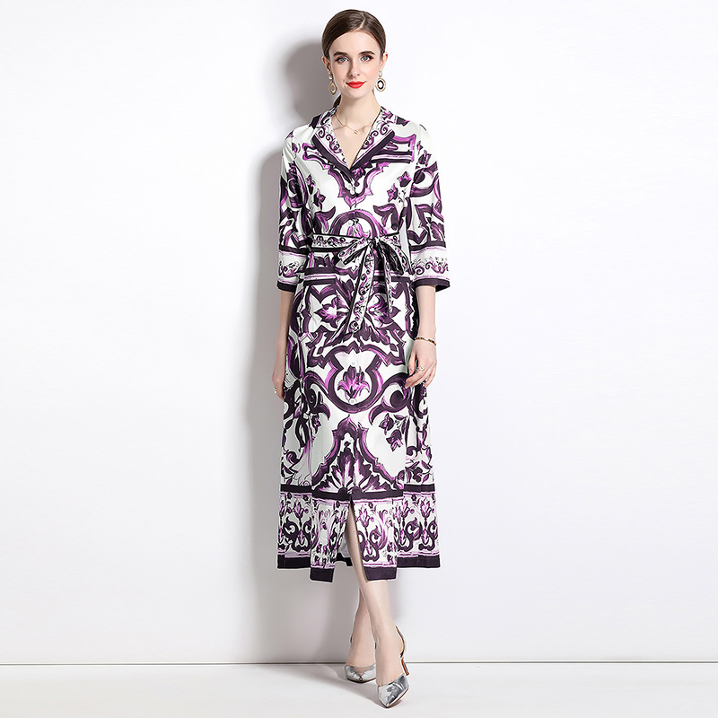 Loose short sleeve long dress pocket printing business suit
