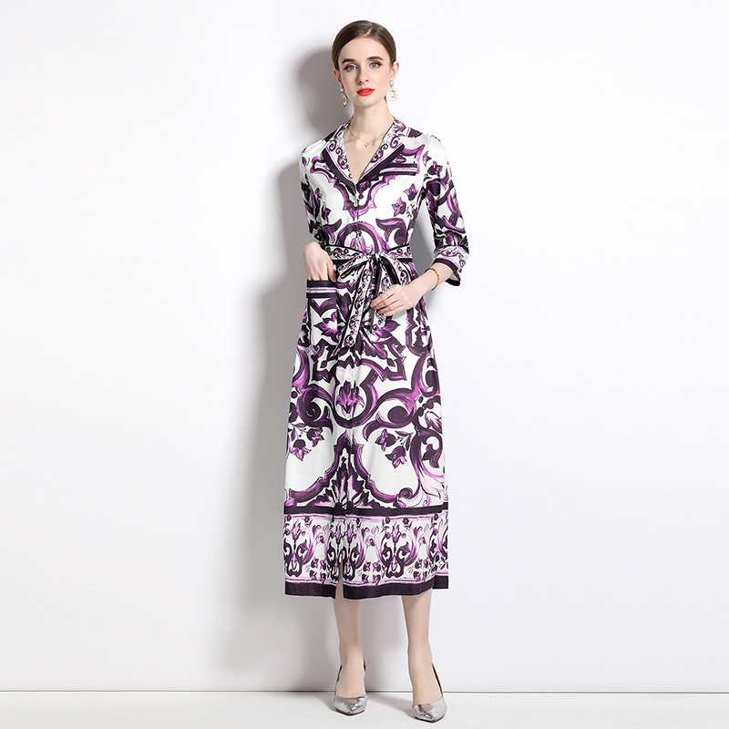 Loose short sleeve long dress pocket printing business suit