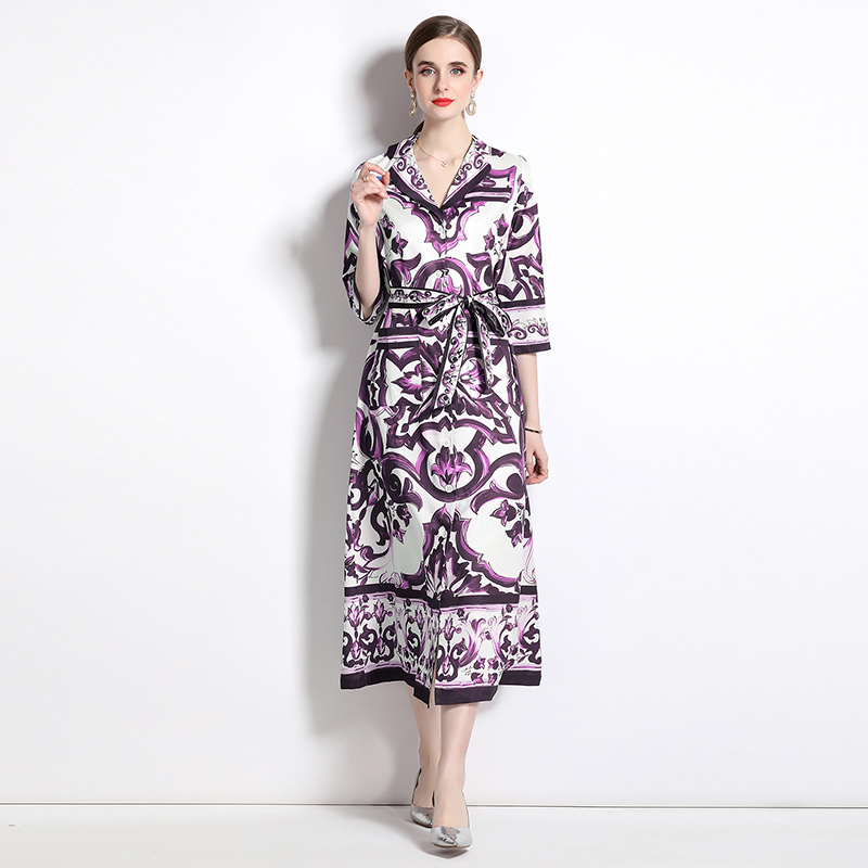 Loose short sleeve long dress pocket printing business suit